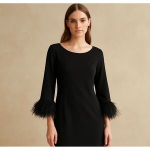 MARINA Black Feather Trim 3/4 Sleeve V Neck Sheath Dress Women's Size 6